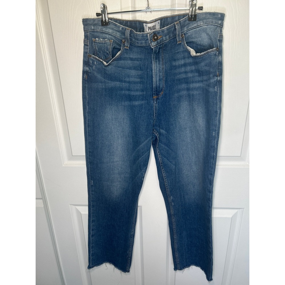 Paige Sarah Straight High Rise Jeans Women's‎ 32 Medium Wash Blue Raw Hem Denim